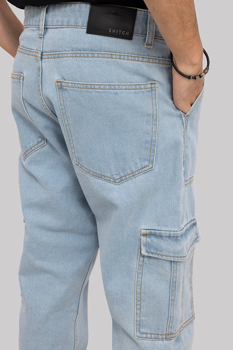 Snitch Light Blue Hip Hop Ice Blue Baggy Cargo Jeans for Men | Best Price UAE
